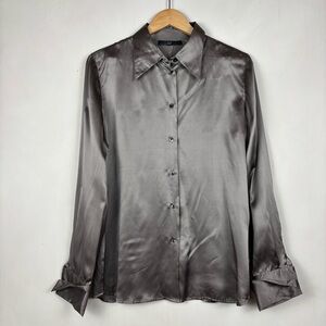 Vintage Y2K Gap Silk Button Down Shirt L Gray Taupe Quiet Luxury Satin Basic